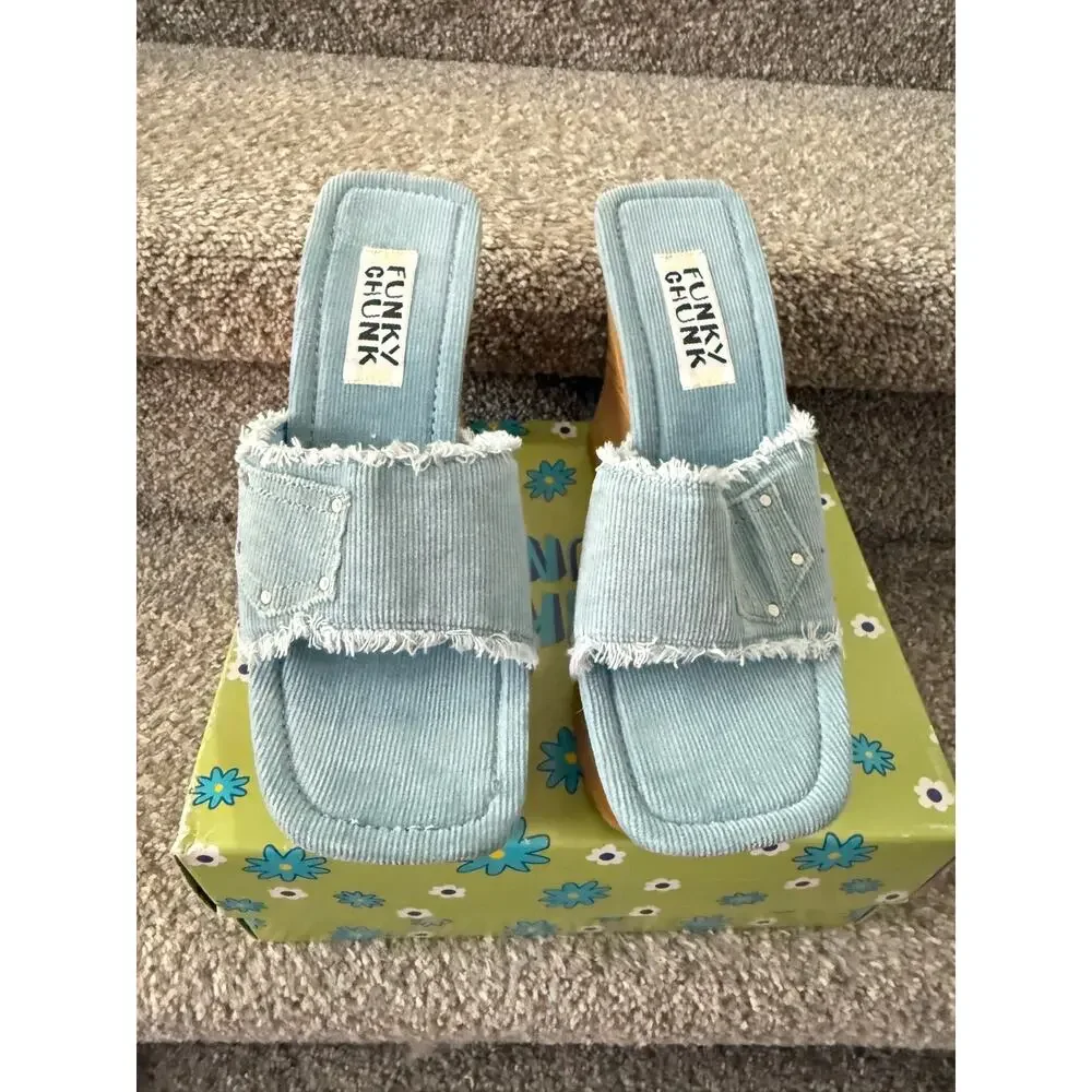Rare Y2K Funky Chunk Platform Clogs Blue Corduroy Wooden Chunky Mules - Sz 9